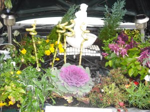 Flowers planted under car bonnet