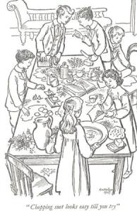 line drawing of making the Christmas pudding