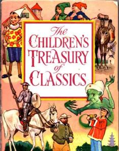 The Children's Treasury of Classics book cover with Aladdin, Pinoccio, Don Quixote