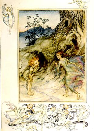 Puck and the fairy by a tree