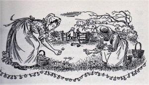 Black and white illustration of the author's mother and the maid picking cowslips, with the children in the background